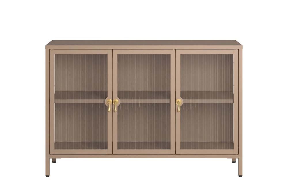 Modernes Sideboard AMSTERDAM 105cm greige gold Vitrine Schrank Riffelglas Metall