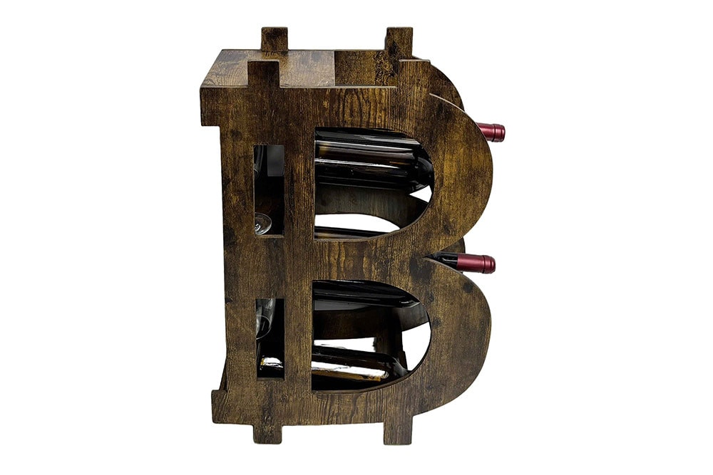Stilvolles Weinregal BITCOIN 70cm natur Holzregal für 10 Flaschen und 4 Gläser