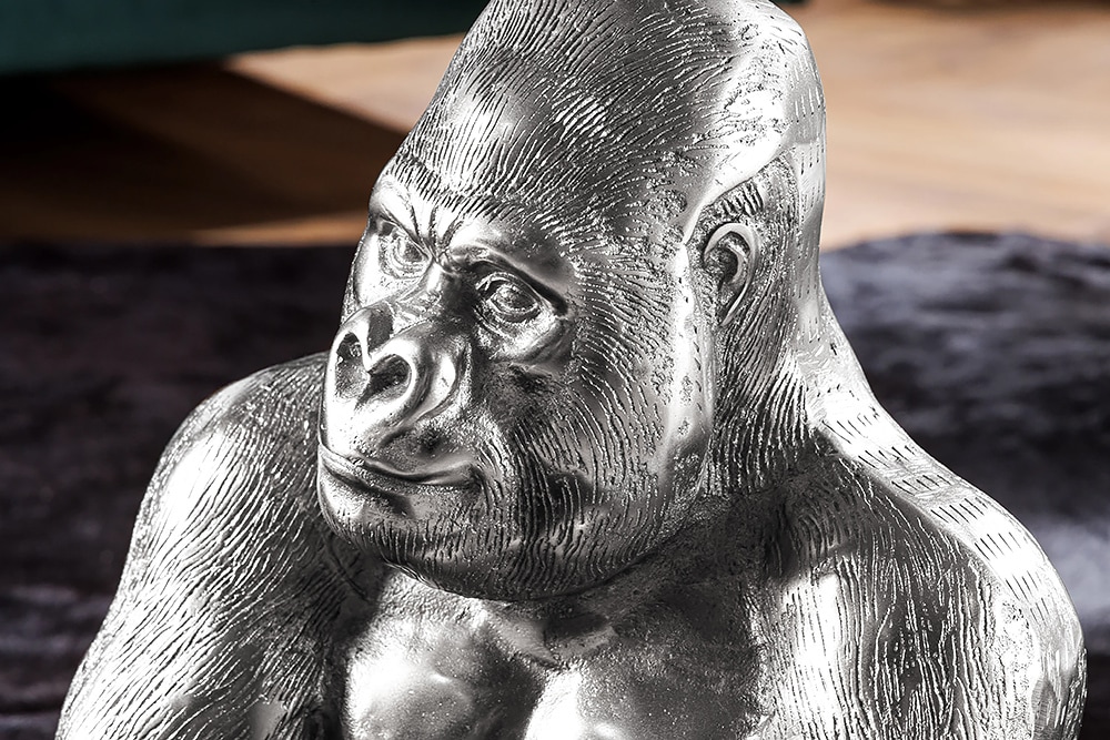 Runder Couchtisch WILDLIFE KONG 60cm silber Metall Glas Affenfigur Gorilla Skulptur handmade
