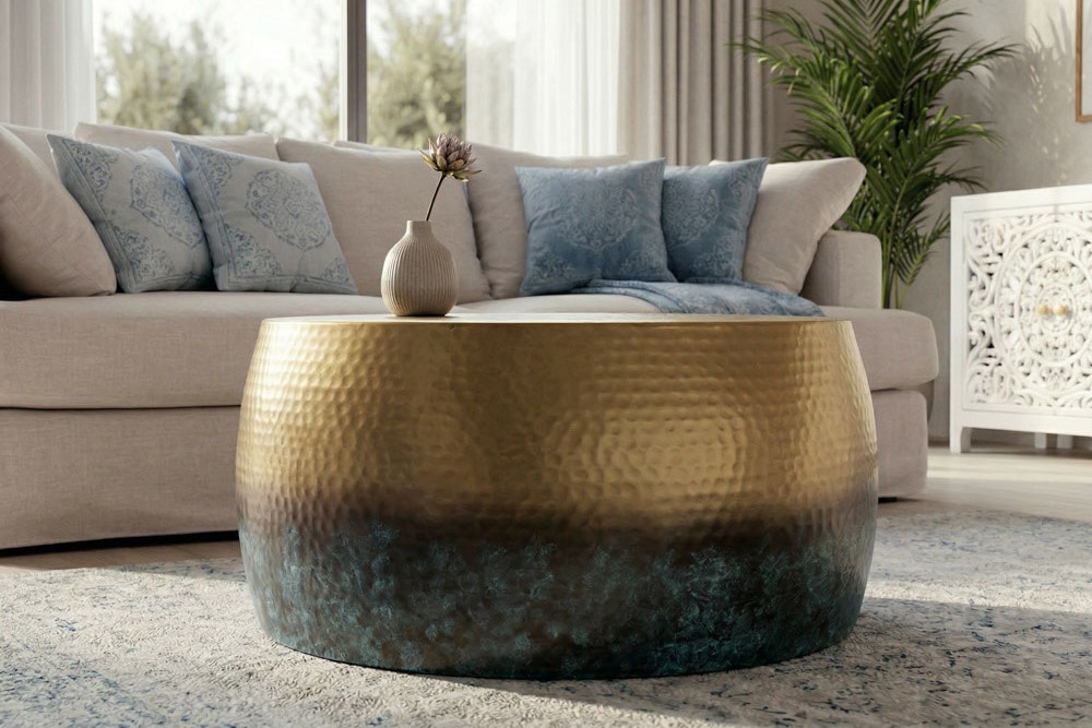 Runder Couchtisch ORIENT III 60cm gold Metall mit Patina Hammerschlag Design handmade