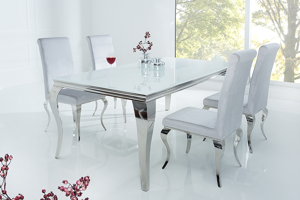 Eleganter Design Esstisch MODERN BAROCK 180cm weiß Opalglas Tischplatte Edelstahl