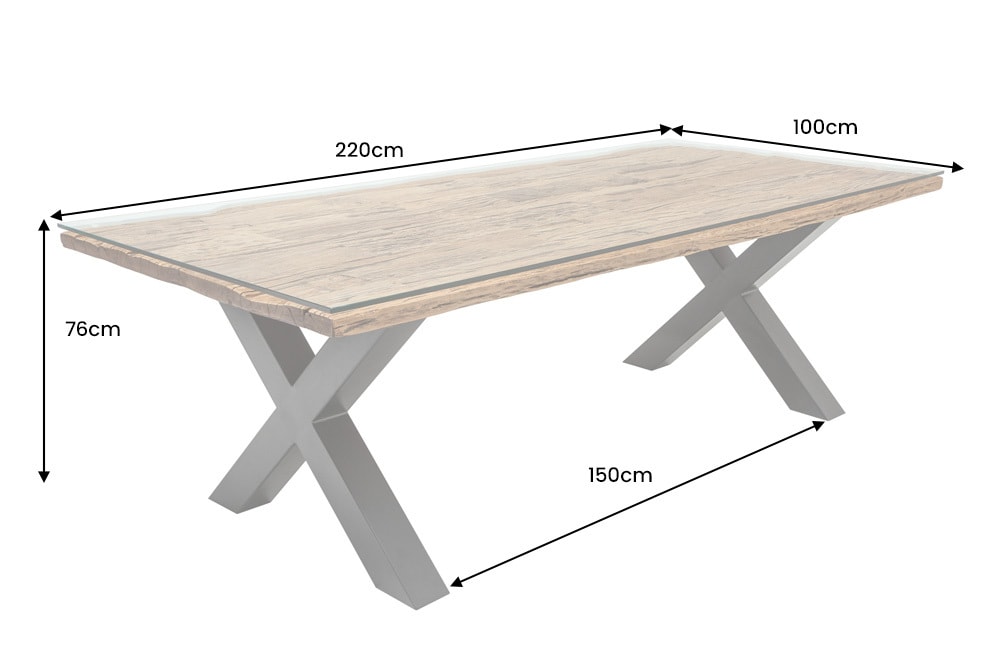 Massivholz Esstisch BARRACUDA 220cm natur Teak schwarz Metall X-Gestell inkl. Glasplatte