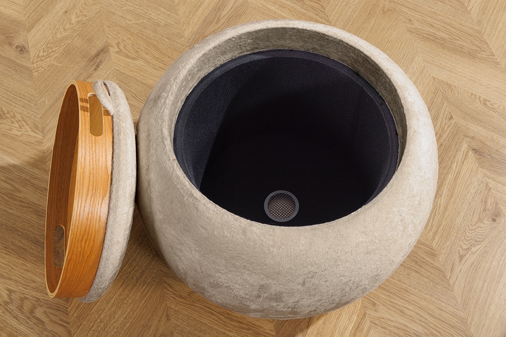 Runder Couchtisch ORBIT 50cm champagner-greige Bouclé Hocker mit Tablett und Stauraum