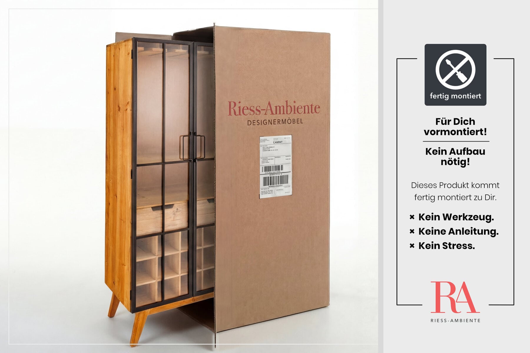Massive Vitrine SEVEN SEAS 150cm natur Pinie Industrial-Türen Metall Barschrank
