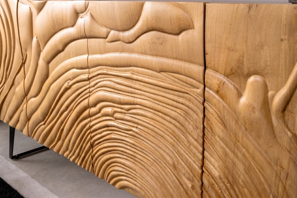 Massives Sideboard FLUID 175cm creme Mangoholz 3D-Design Kufengestell