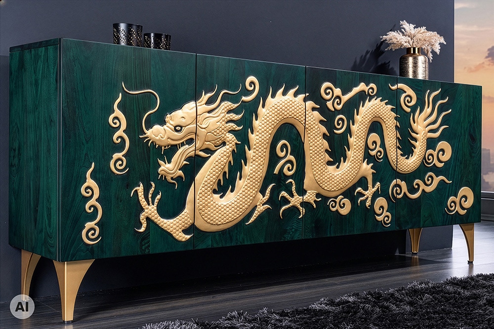 Massives Sideboard DRAGON 180cm türkis gold Mangoholz Metall 3D-Front handmade