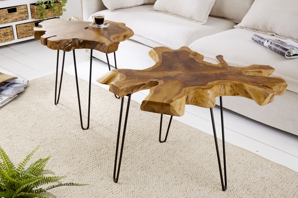 Einzigartiger Beistelltisch WILD 50cm Teak Massivholz Baumscheibe Metallbeine schwarz