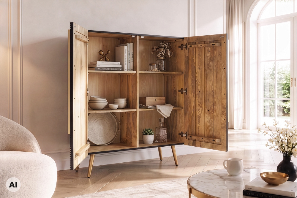 Massives Highboard AURUM 120cm schwarz Mangoholz mit ikonischem Gold-Element