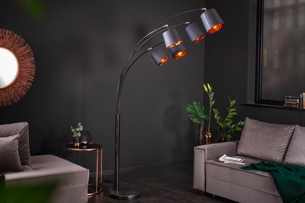 Design Bogenlampe LEVELS 205cm schwarz gold 5 neigbare Leinenschirme Stehlampe