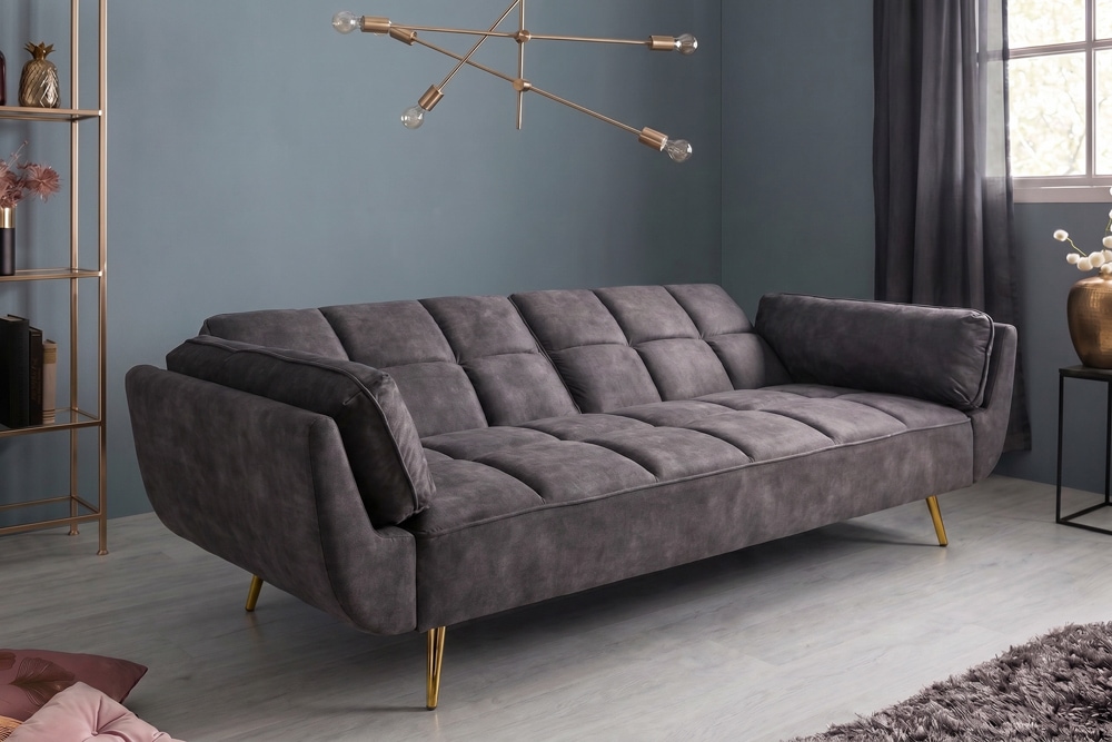 Retro Schlafsofa BOUTIQUE 215cm dunkelgrau Samt 3-Sitzer mit goldenen Füßen