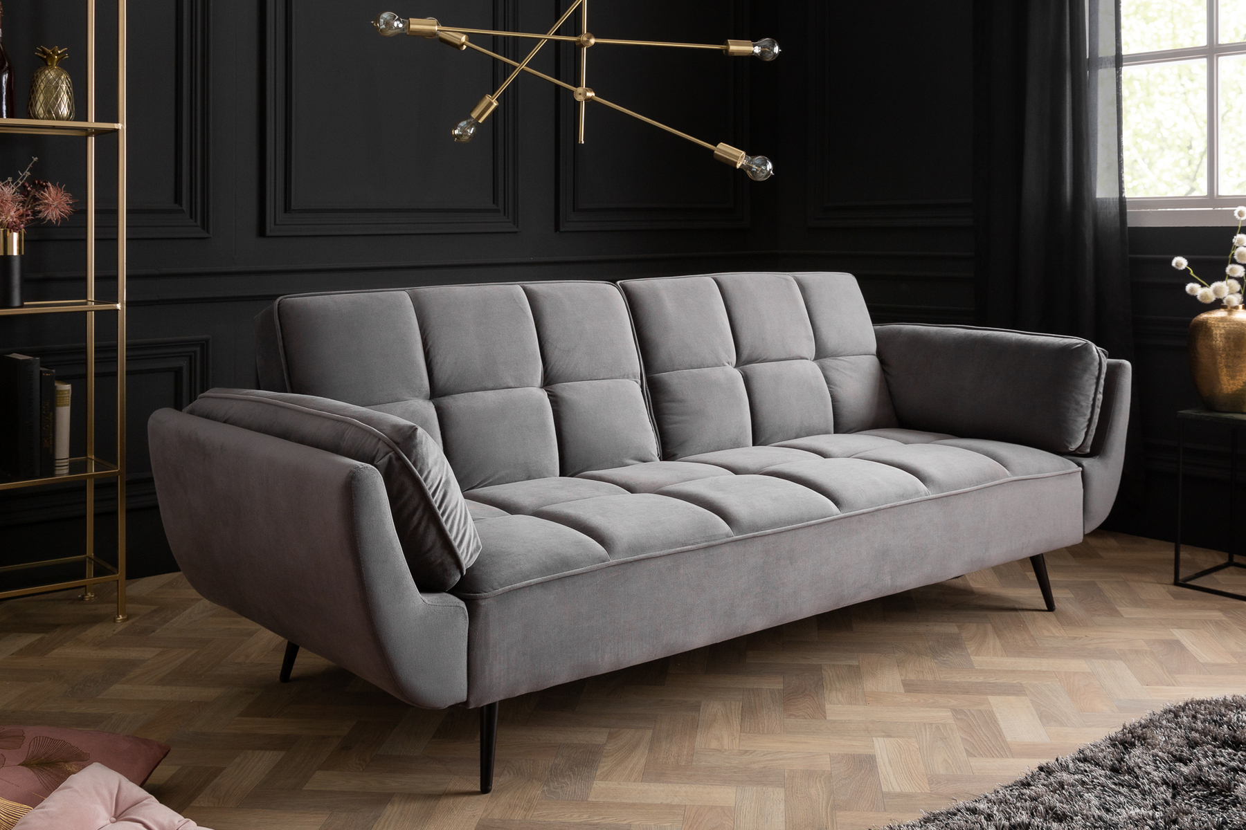 Retro Schlafsofa BOUTIQUE 215cm grau Samt 3-Sitzer mit schwarzen Füßen