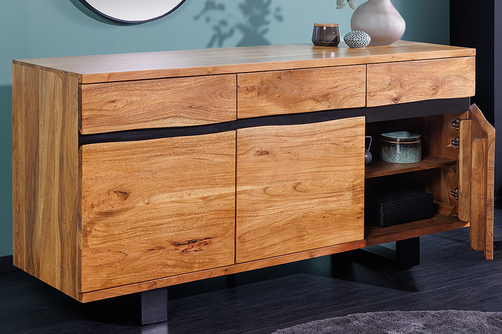 Massivholz Sideboard MAMMUT 160cm Akazie honey finish Metall Baumkante mit Schubladen