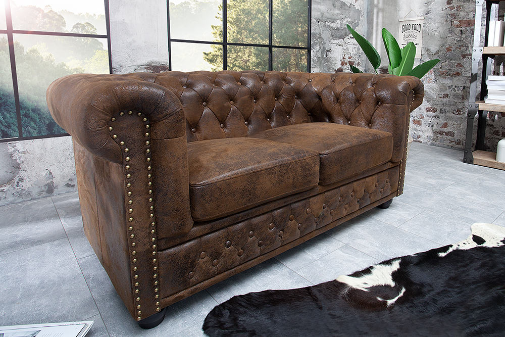 Chesterfield 2-Sitzer Sofa 150cm antik braun Microfaser Federkern Knopfheftung