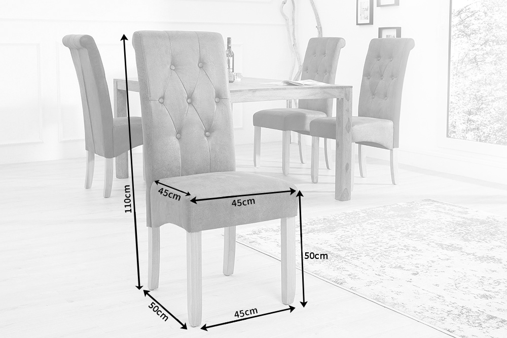 Edler Stuhl CASA vintage grau mit Zierknöpfen Massivholzbeine