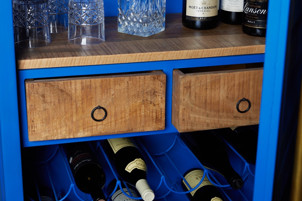 Design Barschrank Container GLOBETROTTER 180cm blau Weinregal Upcycling