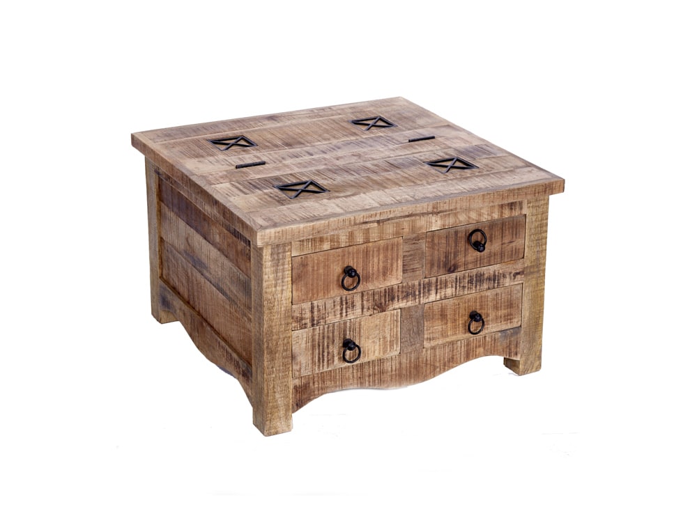 Massiver Couchtisch IRON CRAFT 70cm natur Holz Truhe mit Schubladen und Stauraum