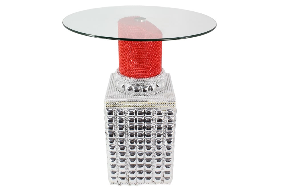 Handgefertigter Bistrotisch LIPSTICK 75cm rot silber runde Tischplatte Glas