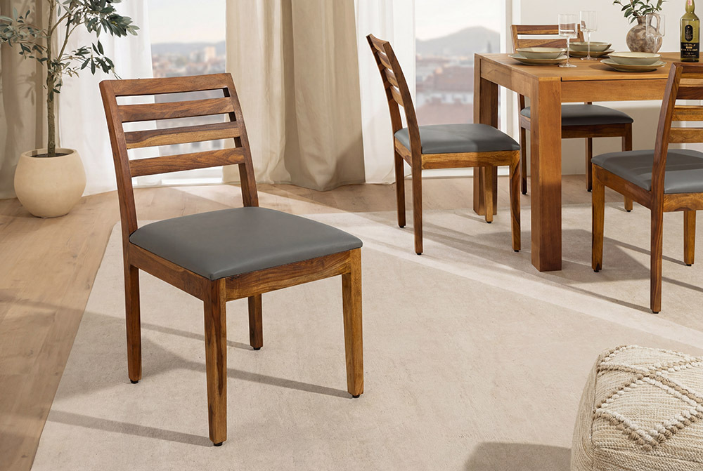Massiver Stuhl MAKASSAR braun stone finish Sheesham dunkelgrau Kunstleder Massiver Stuhl MAKASSAR braun stone finish Sheesham dunkelgrau Kunstleder