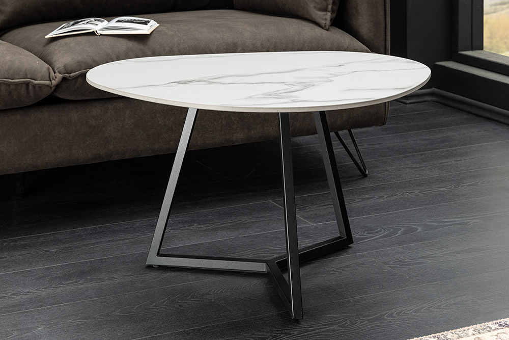 Design Couchtisch MARVELOUS 70cm weiß Marmor Keramik schwarzes Metall