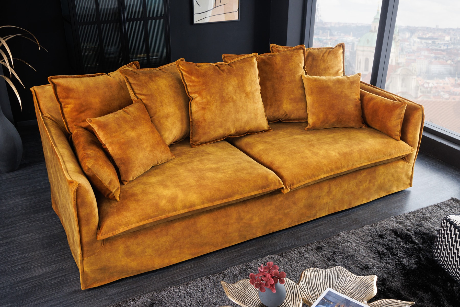 Großes 3-Sitzer Sofa HEAVEN 200cm senfgelb Samt Federkern waschbarer Bezug Hussensofa Couch