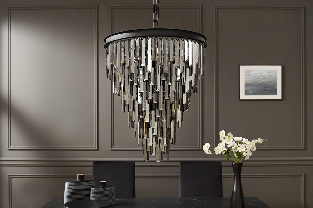 Luxus Kronleuchter KRISTALL 50cm grau mit Glasprismen schwarz Eisen Hängelampe