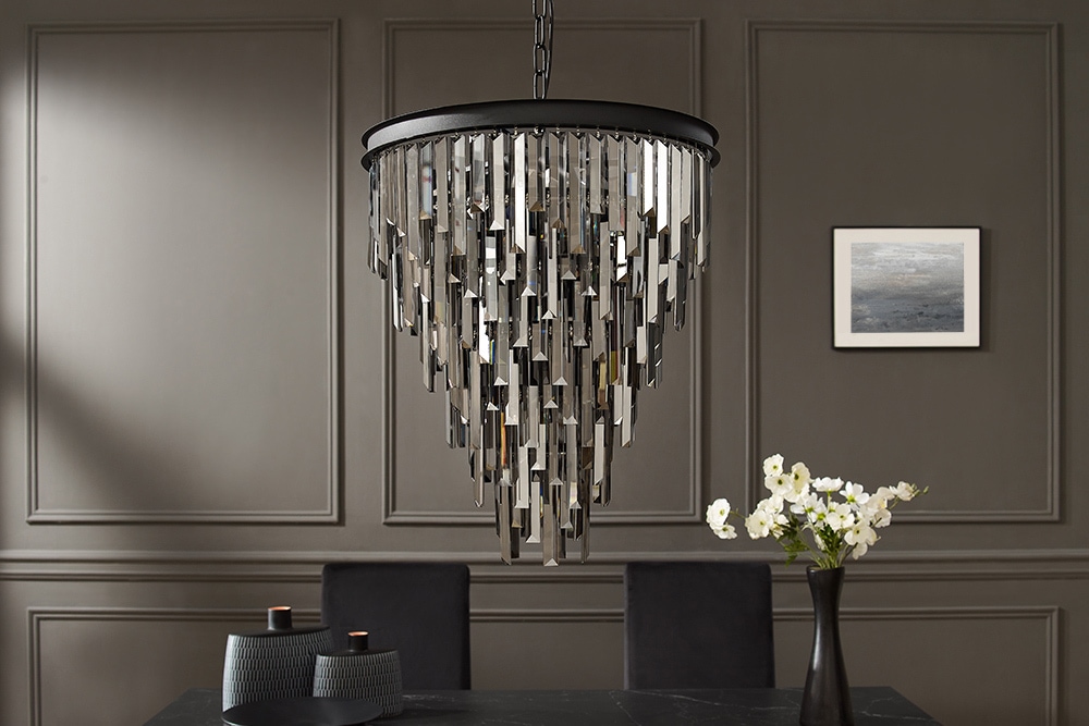Luxus Kronleuchter KRISTALL 50cm grau mit Glasprismen schwarz Eisen Hängelampe Luxus Kronleuchter KRISTALL 50cm grau mit Glasprismen schwarz Eisen Hängelampe