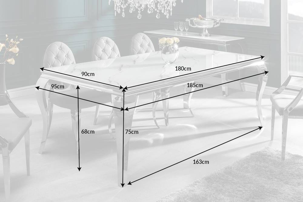 Design Esstisch MODERN BAROCK 180cm weiß chrom Glasplatte Marmor Edelstahlbeine