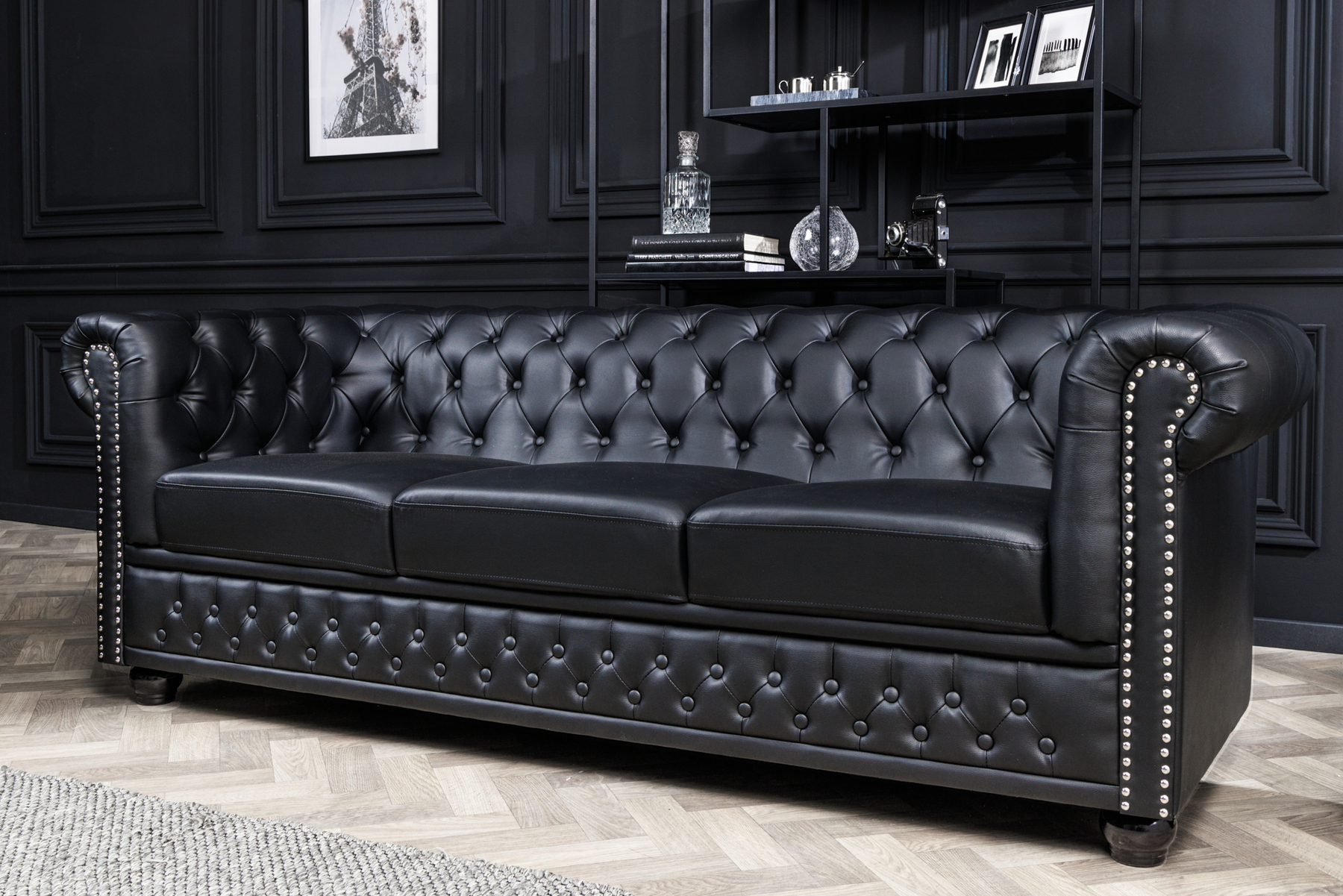 Chesterfield 3-Sitzer Sofa 205cm schwarz Nietenbesatz Federkern