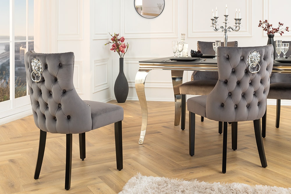 Chesterfield Stuhl CASTLE DELUXE grau Samt mit Löwenkopf Nieten