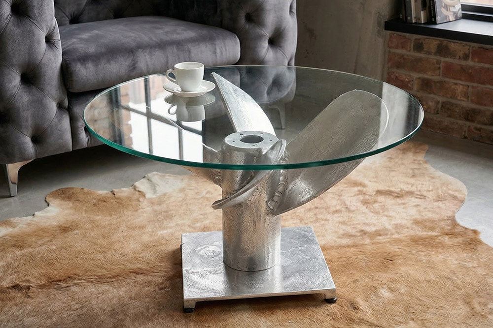 Maritimer Couchtisch OCEAN M 60cm silber antik rund Schiffsschraube Glasplatte