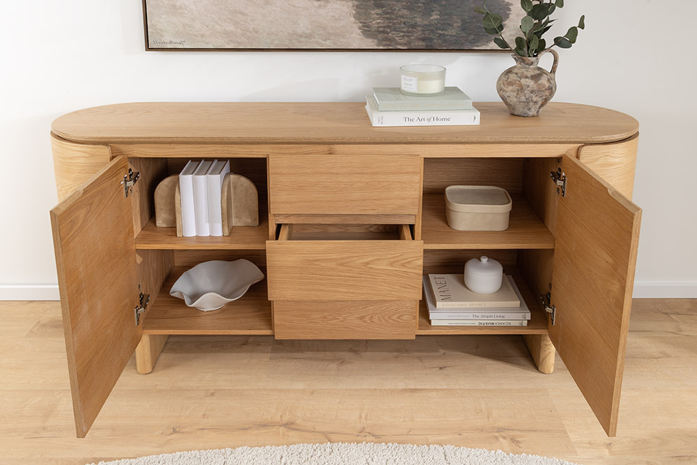 Modernes Sideboard OAK GRAIN 160cm natur Eichenholz vier Fächer mit drei Schubladen