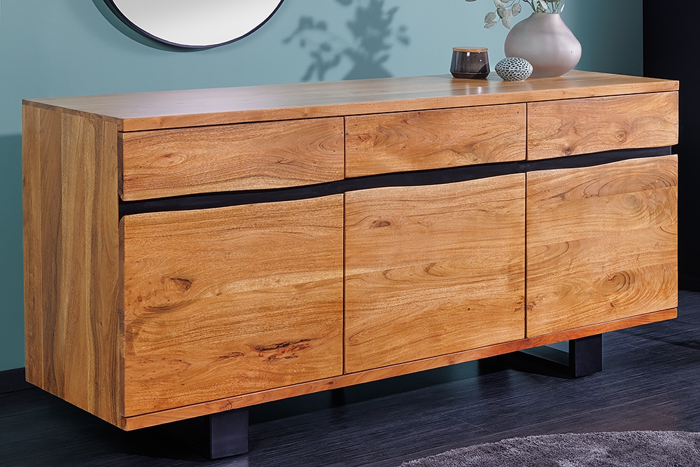 Massivholz Sideboard MAMMUT 160cm Akazie honey finish Metall Baumkante mit Schubladen