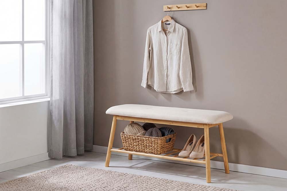 Stilvolle Schuhbank ZEN-BO 90cm natur beige Bambus Regal Sitzbank mit Stauraum