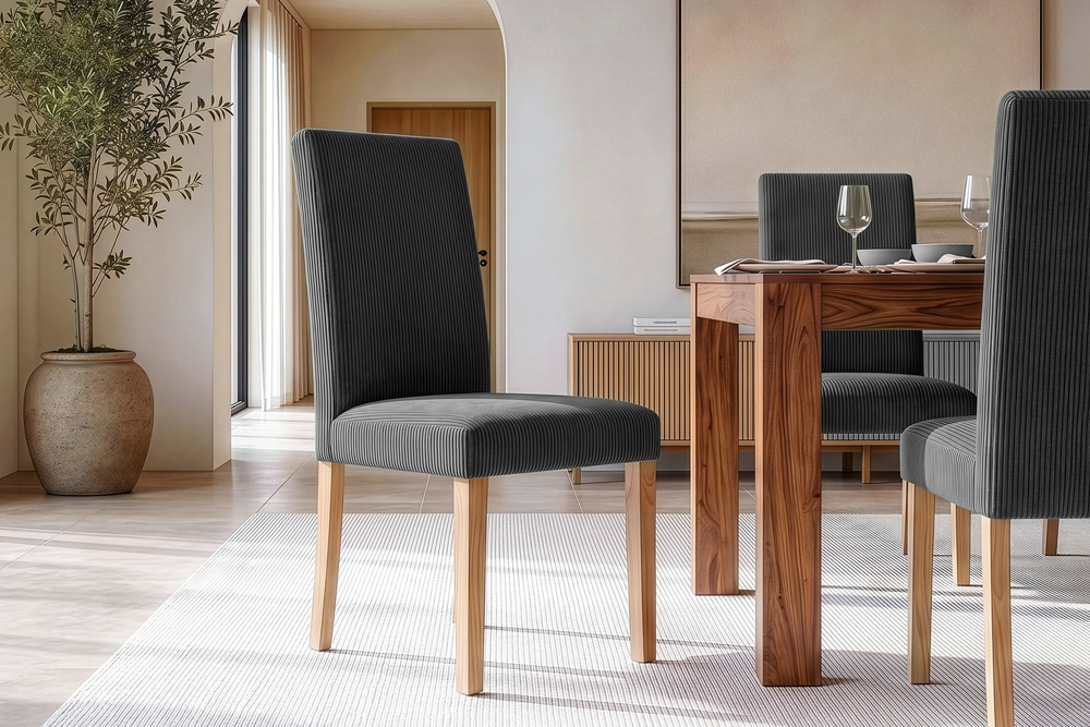 Design Stuhl GENUA grau Cord mit Massivholz-Beinen