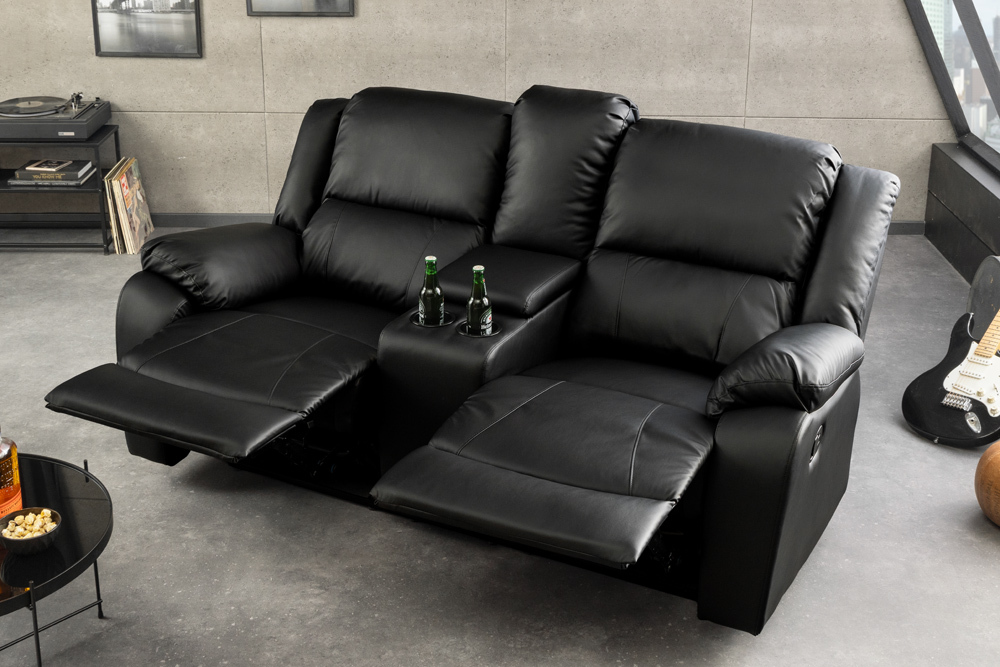 Exklusiver 2er Kinosessel HOLLYWOOD 190cm schwarz mit Liegefunktion und Getränkehalter
