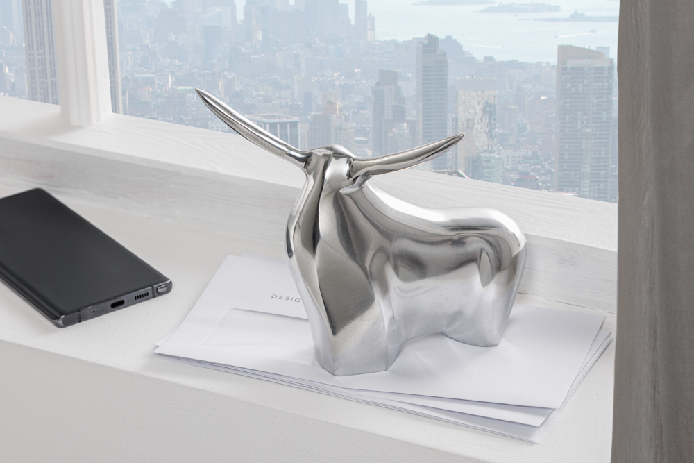 Moderne Skulptur BIG BULL silber Aluminium Dekoration Stierfigur Briefbeschwerer