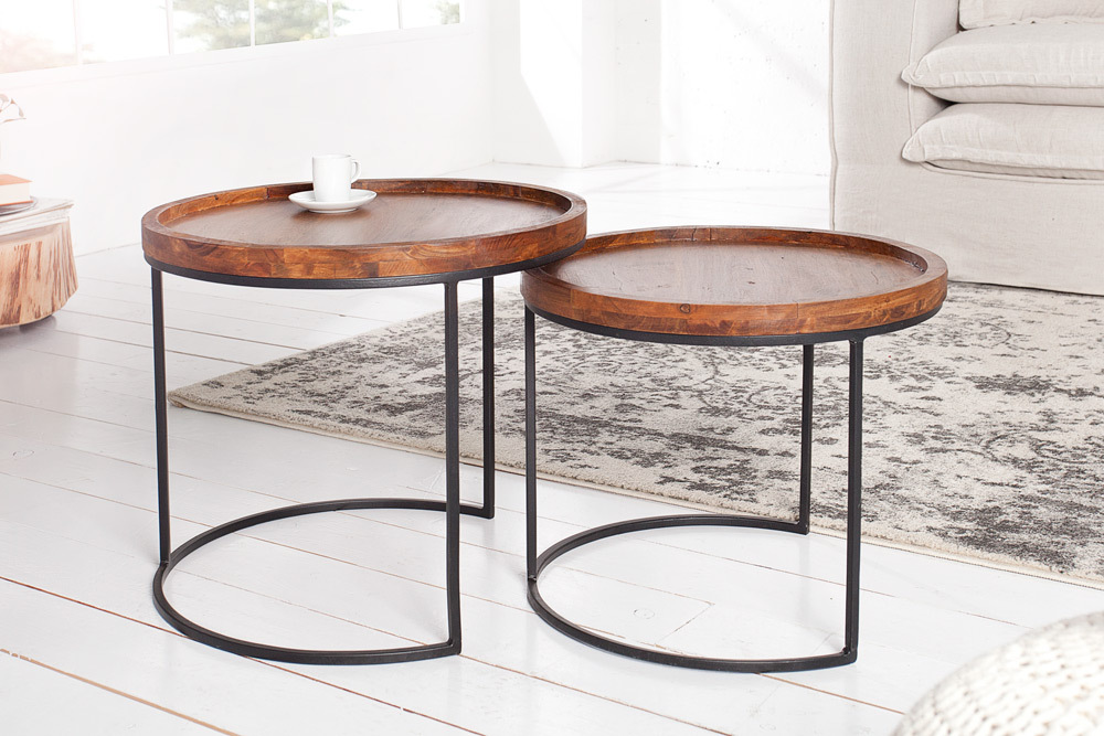 Rundes 2er Set Beistelltische ELEMENTS 55cm Akazie stone finish Metall schwarz