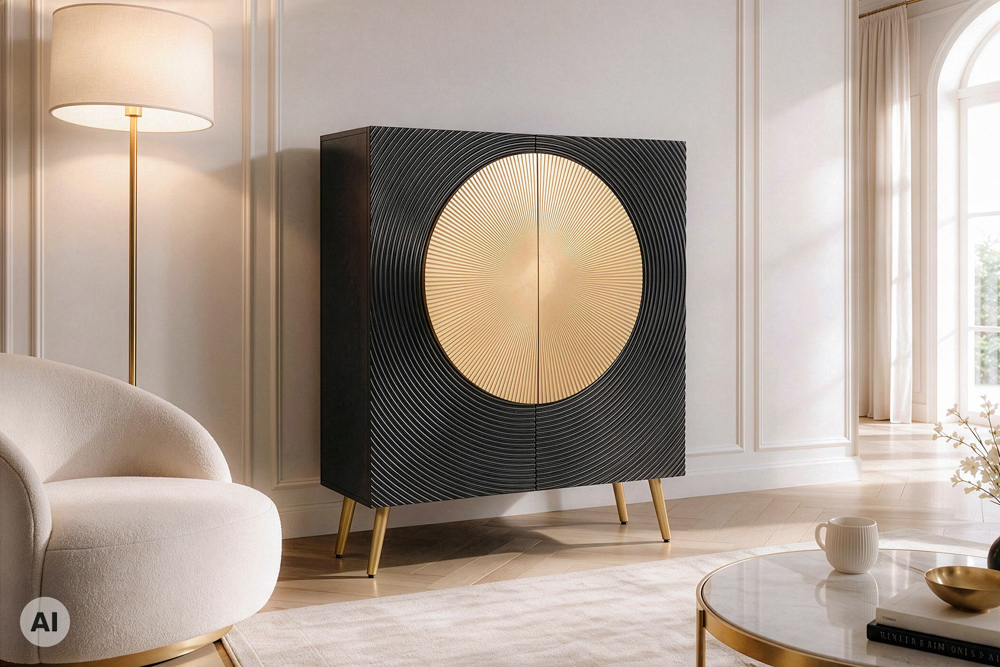 Massives Highboard AURUM 120cm schwarz Mangoholz mit ikonischem Gold-Element