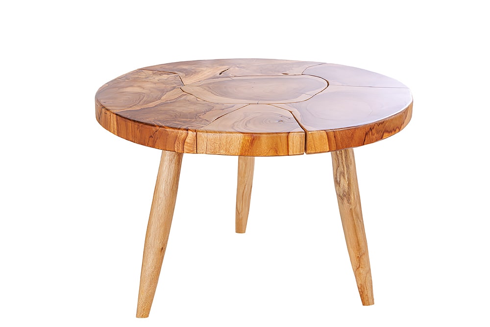 Runder Massivholz Couchtisch MOSAIK 60cm natur Teak Baumstamm handmade