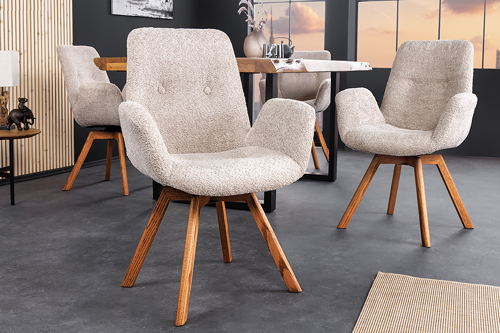 Drehbarer Design Stuhl BALTIC beige Bouclé natur Eiche Massivholz-Beine mit Armlehne