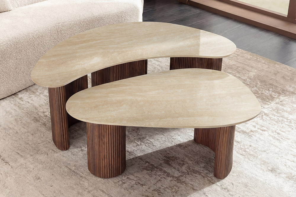 2er Set Couchtische OSAKA 120cm champagner greige Travertin Keramik Walnuss