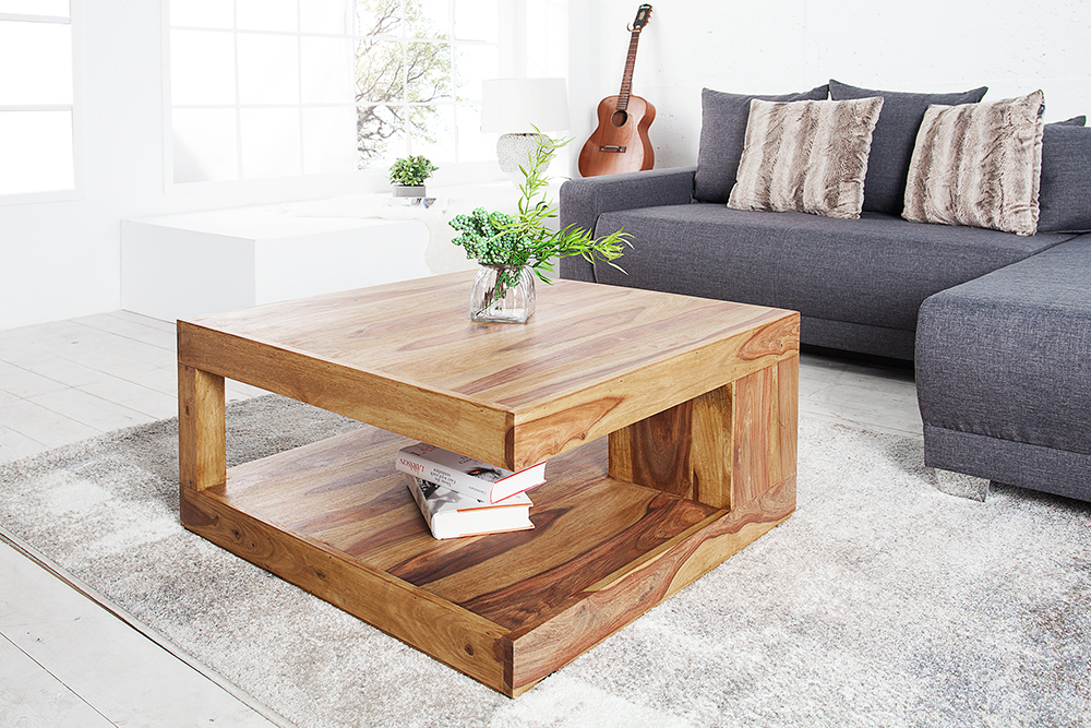 Design Couchtisch GIANT 80cm braun Sheesham Massivholz stone finish mit Ablage