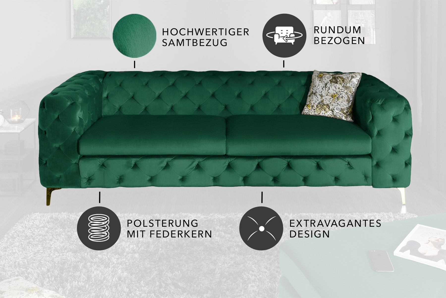 Chesterfield 3-Sitzer Sofa MODERN BAROCK 235cm smaragdgrün Samt Federkern gold Metallfüße
