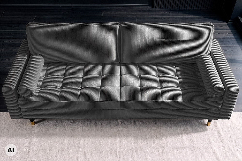 3er Sofa COZY VELVET 220cm grau Cord mit goldener Kappe