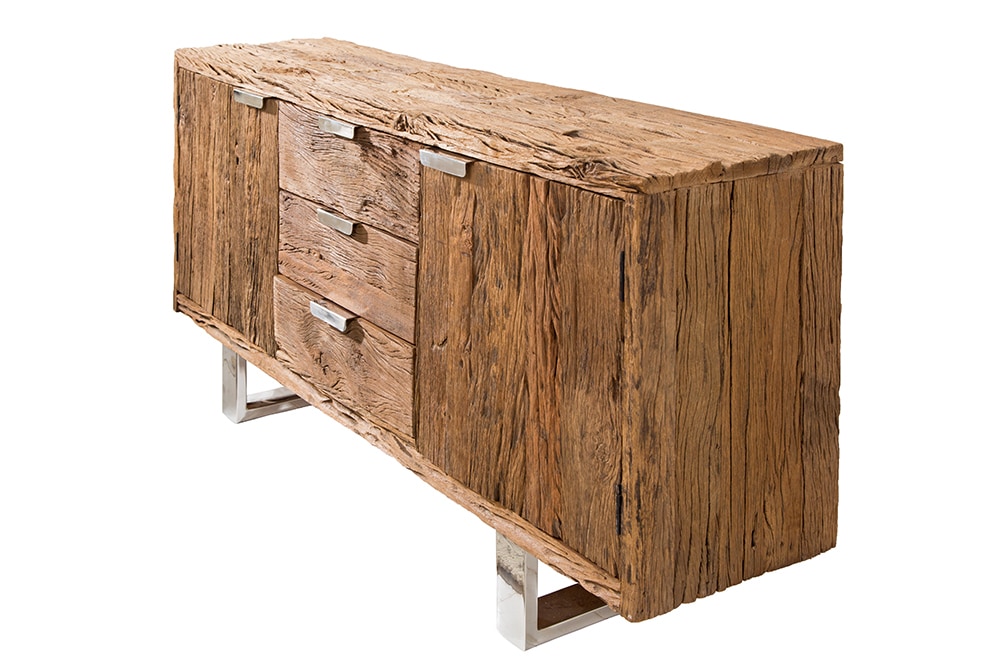 Massivholz Sideboard BARRACUDA 160cm Teak antik Kommode mit Schubladen Stahl Kufenfüßen