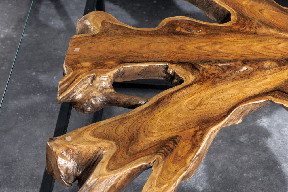 Industrial Couchtisch TEAK ROOT 70cm braun Teakholz Metall Glastisch handmade