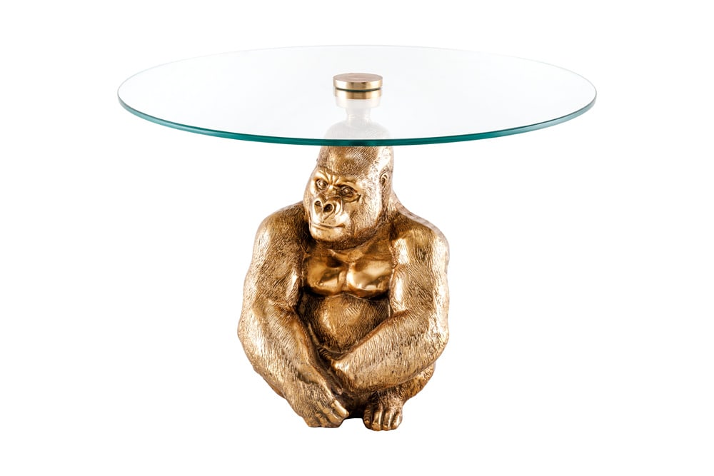 Runder Couchtisch WILDLIFE KONG 60cm gold Metall Glas Affenfigur Gorilla Skulptur handmade