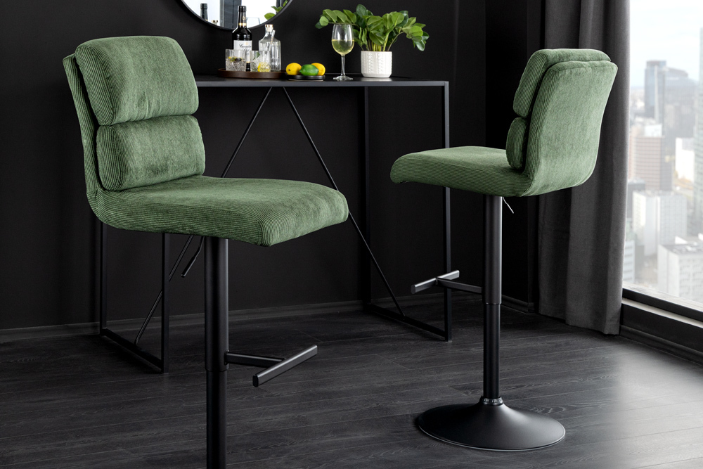 Höhenverstellbarer Barhocker COMFORT grün Cord drehbar mit Lehne schwarz Metall » Jetzt kaufen
