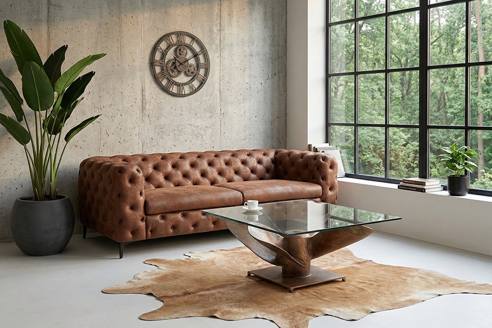 Maritimer Couchtisch OCEAN L 85cm antik kupfer mit Schiffsschraube und Glasplatte