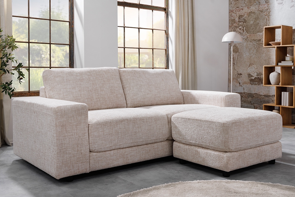 Moderner Hocker LOFT 75cm champagner beige Chenille Nosagfederung Taschenfederkern
